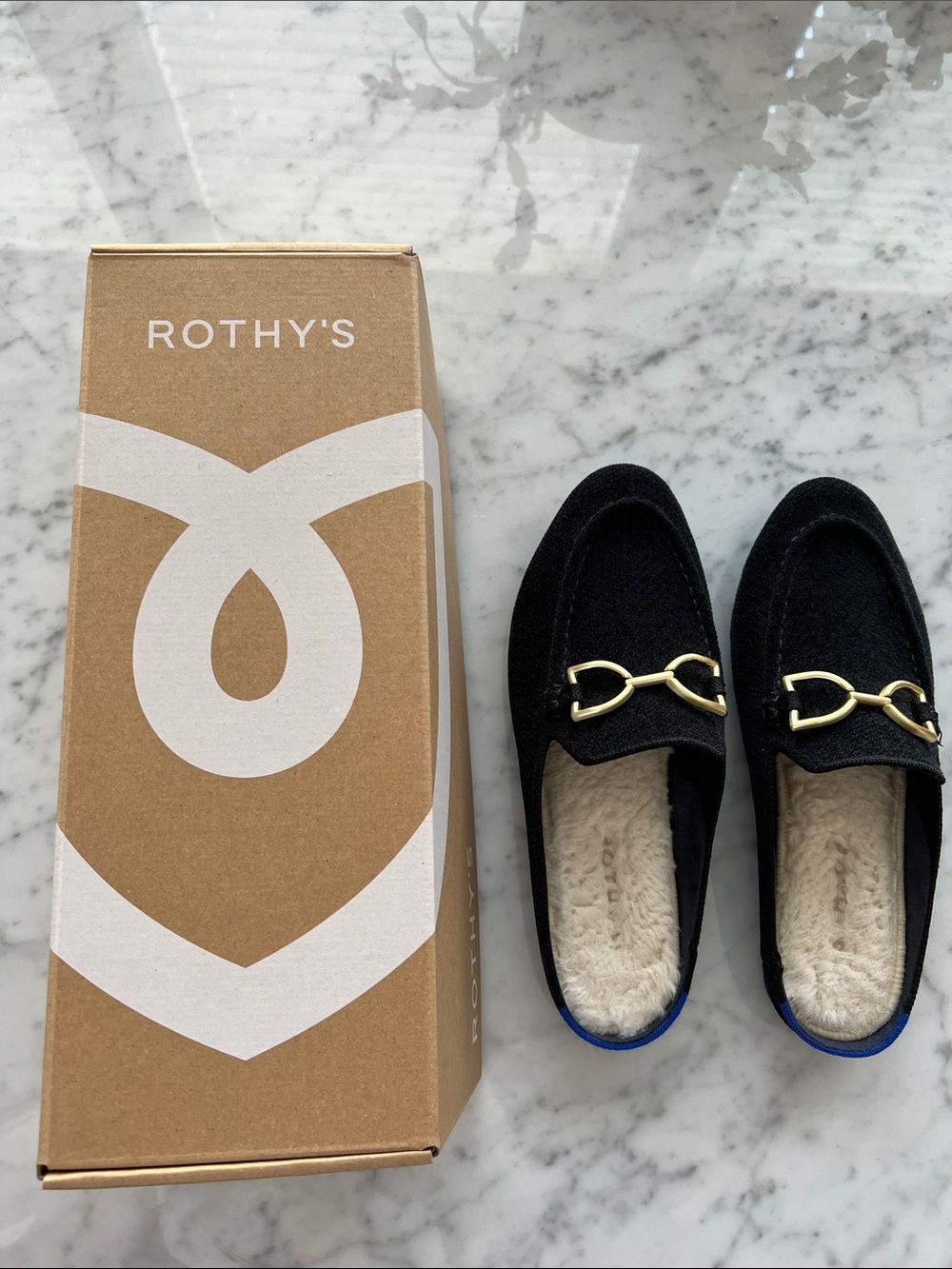 Rothy's Black The Revelvet Cozy Bit Loafer Mule with shearling Size 7